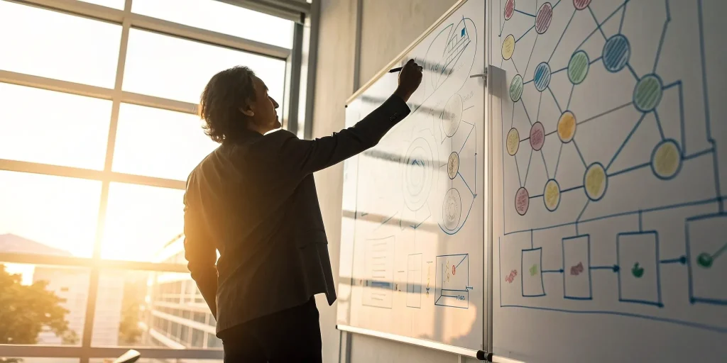 Business professional analyzing strategies on a whiteboard to increase small business profits.