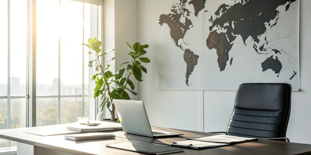 A world map and laptop on a desk for defining a market positioning strategy.