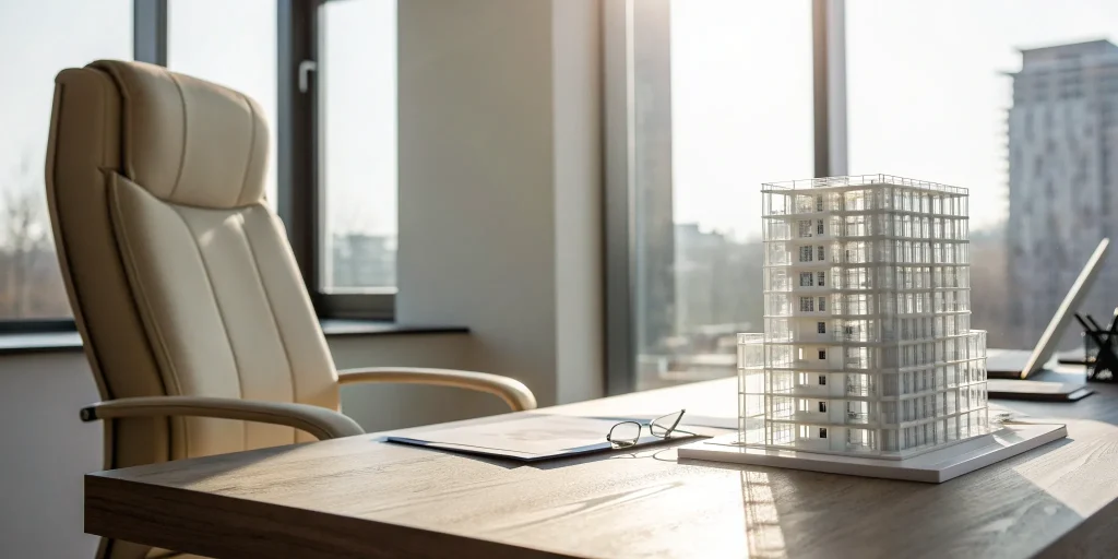 An architectural model on a desk showing the structure of organizational design in management.