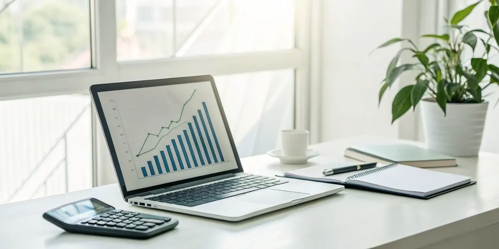 A desk with a laptop, calculator, and notebook for planning how to reduce costs and increase profit.