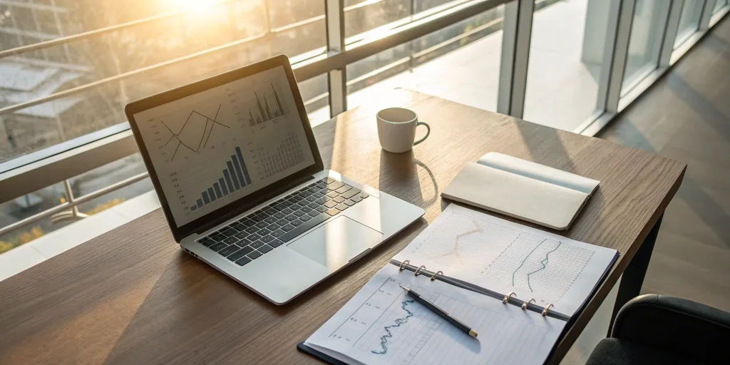 Laptop with charts and reports showing ways to improve profitability for A-level business.