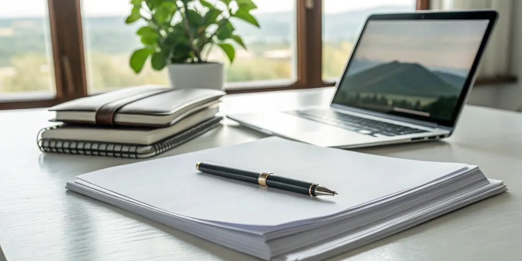 A consultant providing professional business plan writing services on a laptop.