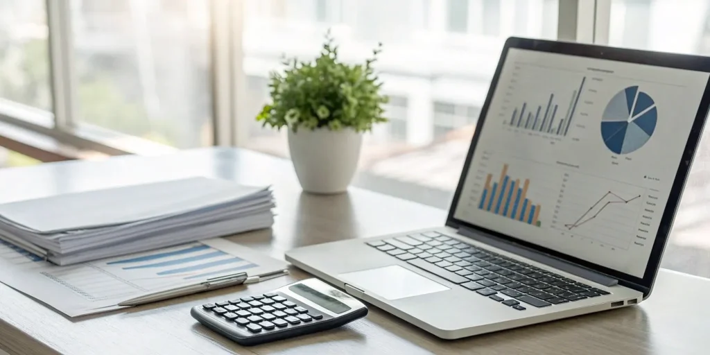 Laptop with financial charts and a calculator for fractional CFO services for startups.