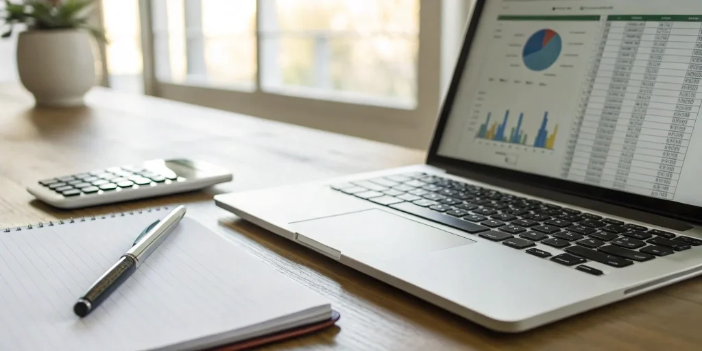 A laptop displaying a startup financial plan example with charts, spreadsheets, and a calculator.