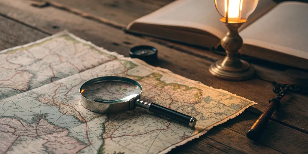 Magnifying glass on a map exploring types of positioning strategies to find a brand's niche.