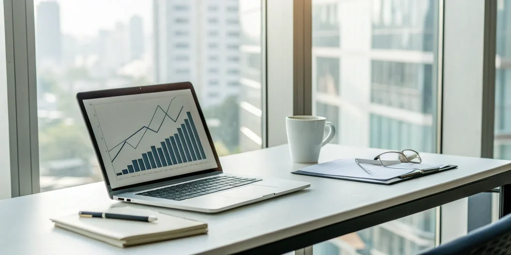 Laptop on a desk displaying a marketing positioning graph with a notebook and coffee nearby.