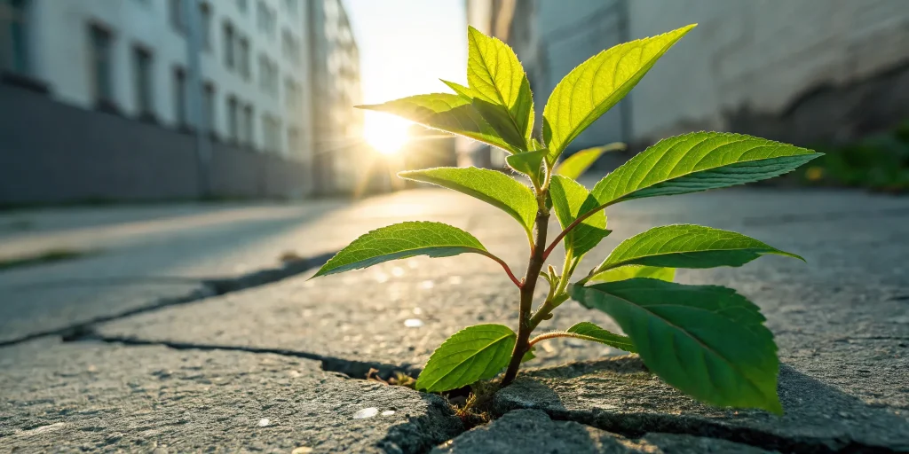 A plant growing through pavement, representing the best lead generation strategies for lasting growth.