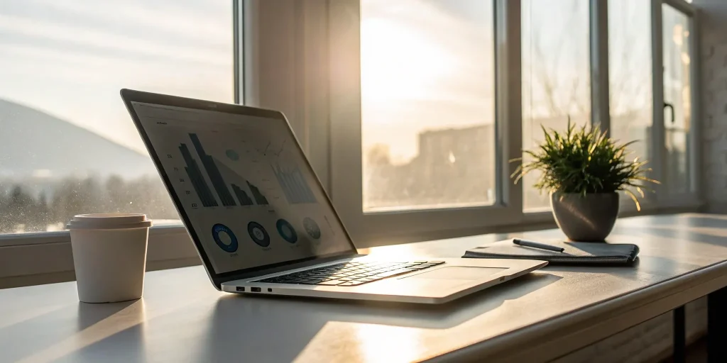 A laptop on a desk displaying charts and data for a digital acquisition strategy.