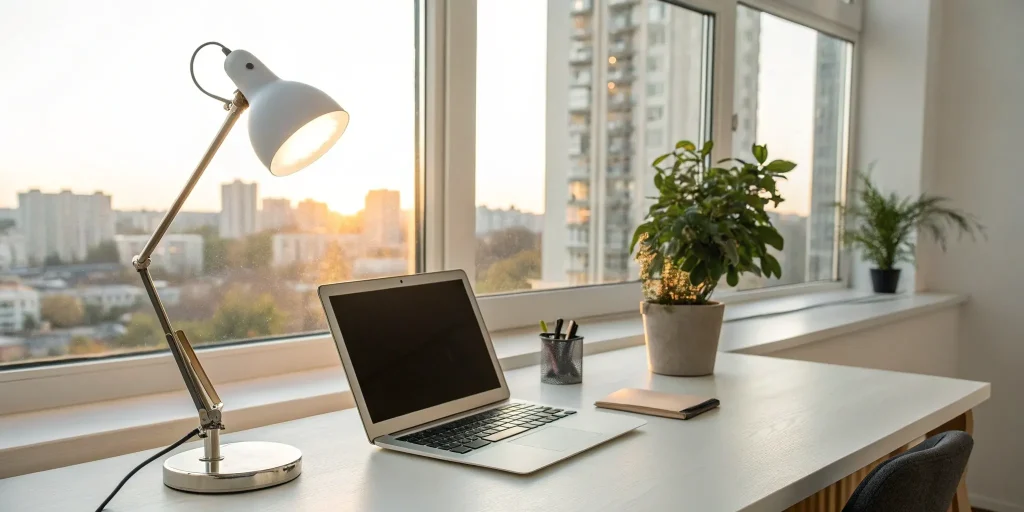 Workspace of a virtual CFO for a small business with a laptop and plants.