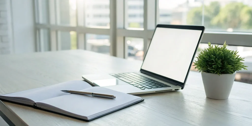 Desk with a laptop and notebook used for planning when to scale a business.