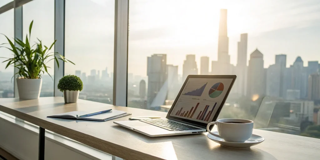 A laptop displaying the charts and data a business needs for a successful business plan.