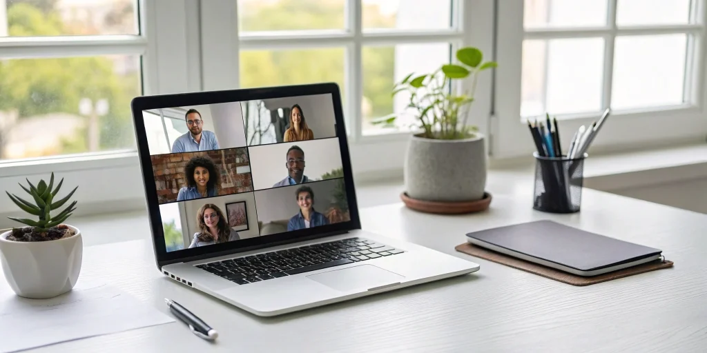A diverse team on a video call discussing best hiring practices for small companies.