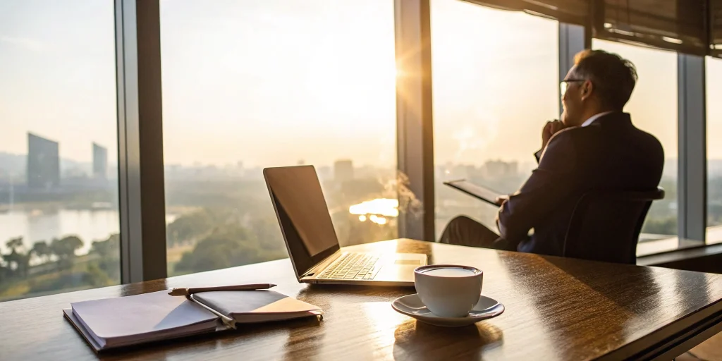 An entrepreneur in a modern office works with one of the top business coaches for entrepreneurs in the USA.