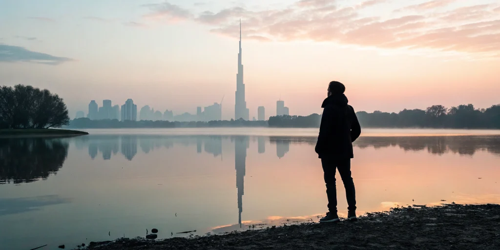 Executive coaching for a business owner reflecting on growth and strategy by a lake at sunrise.