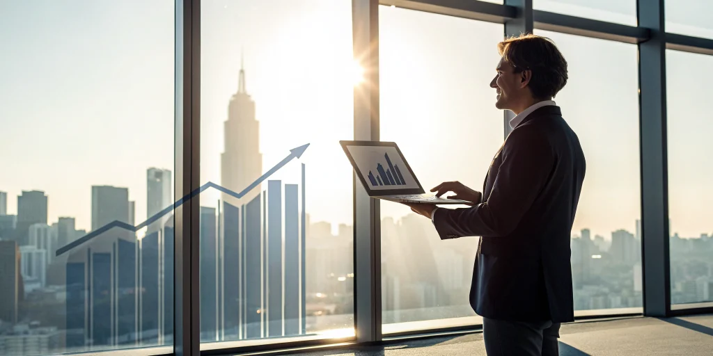 Business growth consultant analyzing expansion data on a laptop with an upward trending graph.