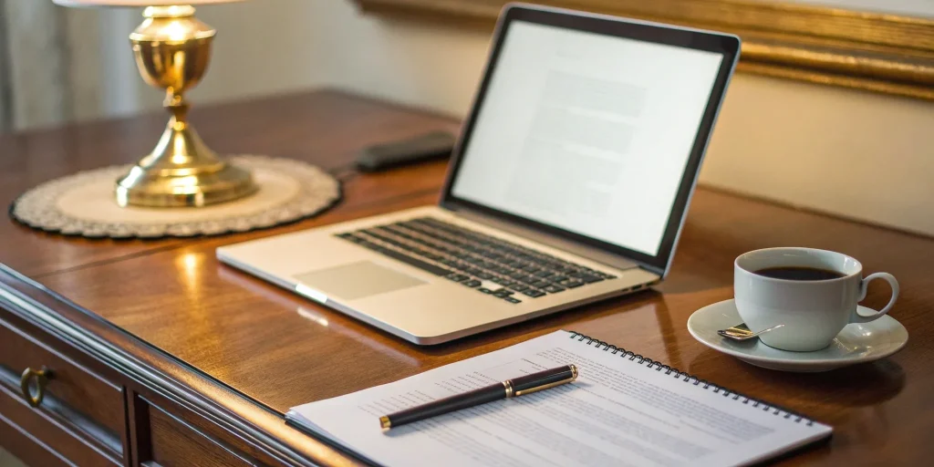Writing a business plan for funding on a laptop next to a notebook and coffee.