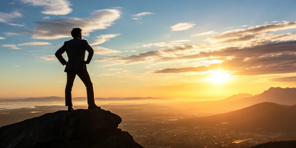 A businessperson on a mountain peak planning market expansion strategies for a small business.