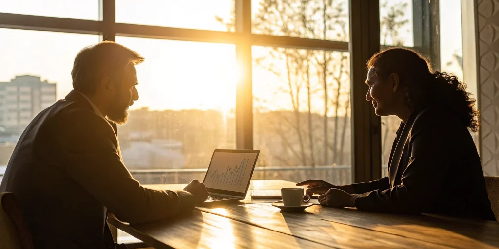 A consultant and a small business owner discussing a hiring plan at a desk.