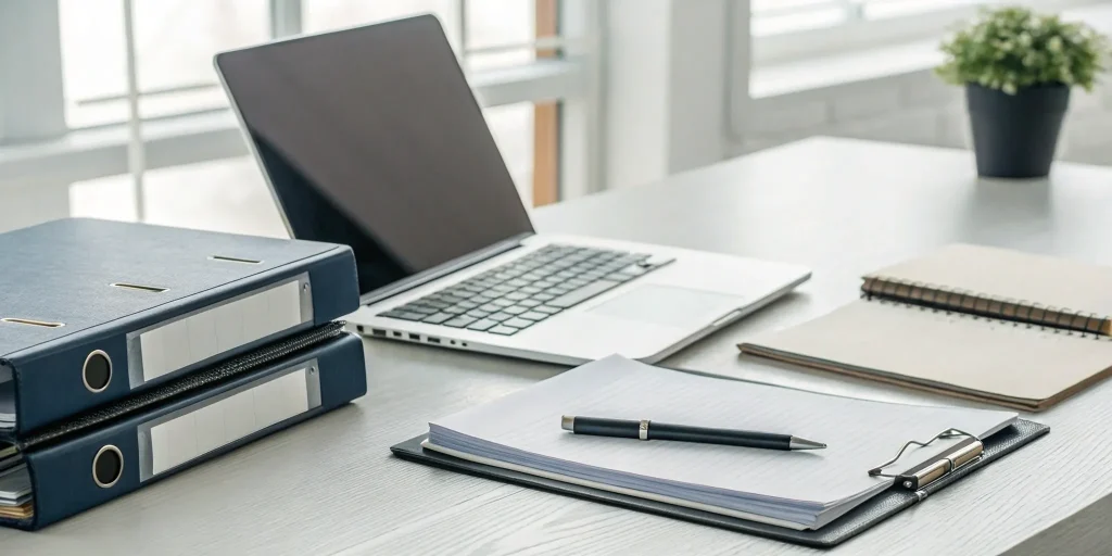Creating a standard operating procedures template on a laptop at an office desk.