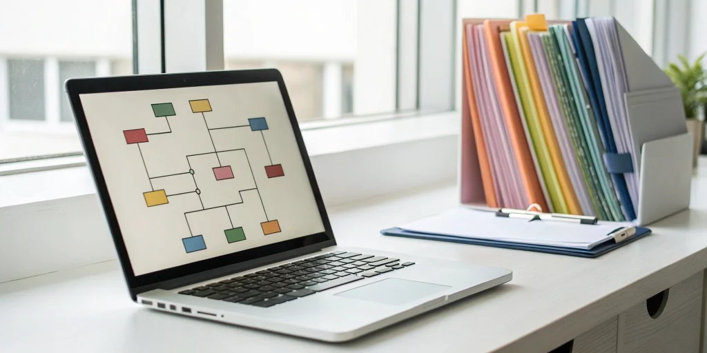 Laptop with a workflow diagram and organized folders for streamlining small business operations.
