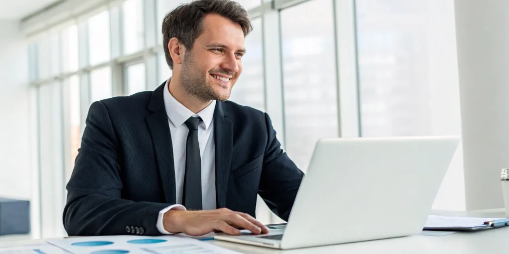 A part-time CFO for hire analyzing business financials on a laptop.