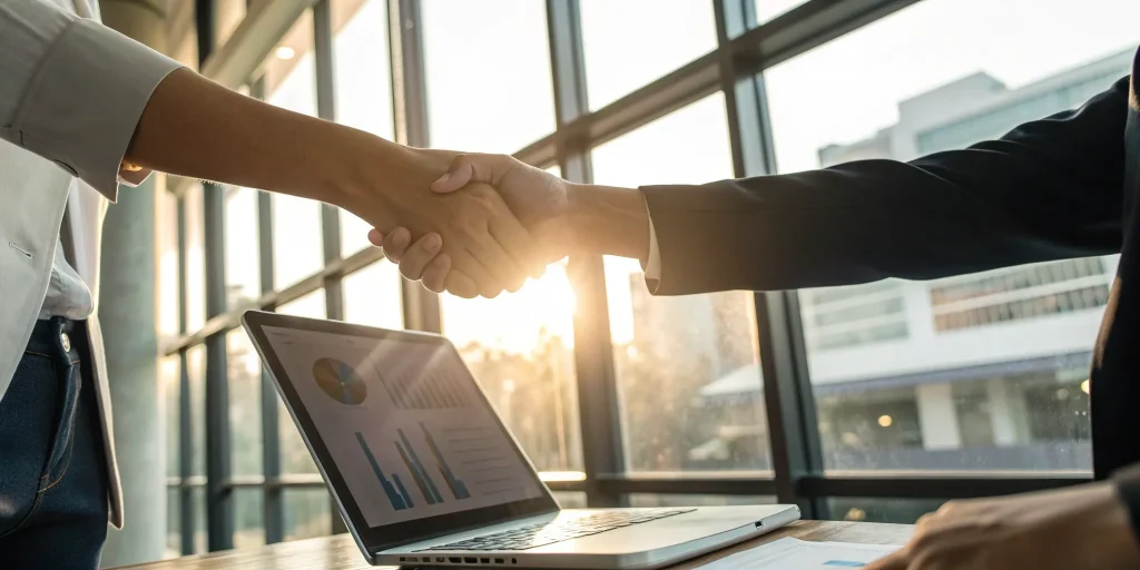 A manager shakes hands with a new hire, a key part of a small business hiring strategy.