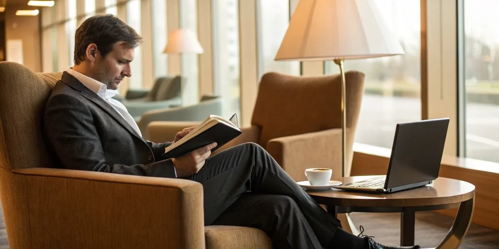 Business professional reading a book about storytelling for business success.