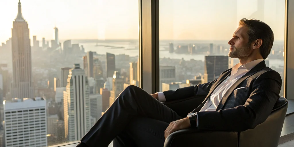A successful entrepreneur overlooking the New York City skyline, guided by top US business coaches.