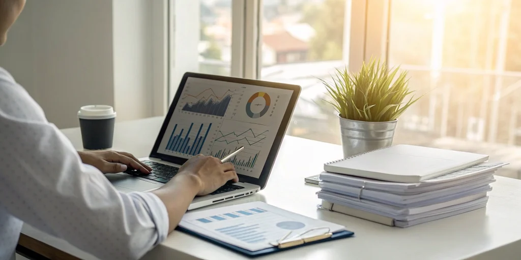 Business scaling consultant analyzing charts to plan a company's growth strategy.