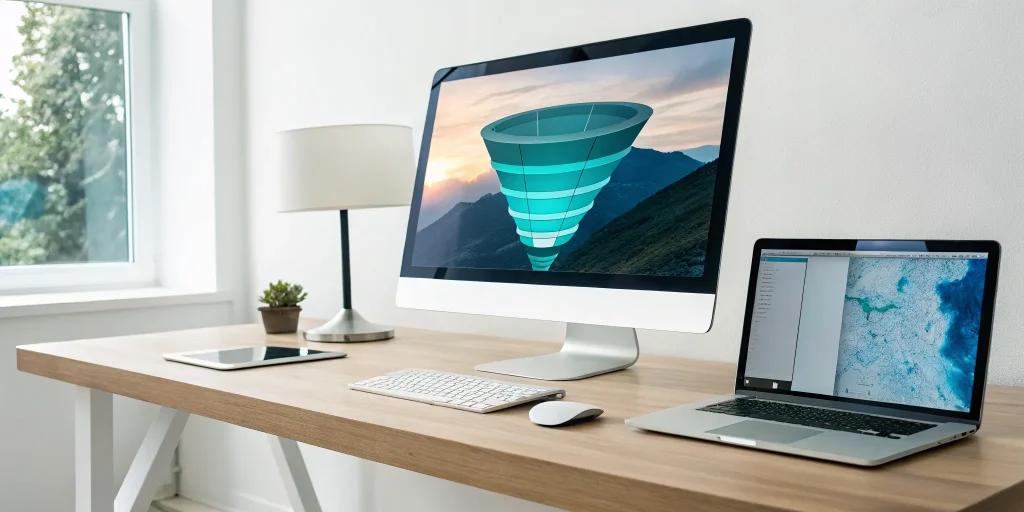 A computer screen with a digital funnel, part of a conversion rate optimization service.