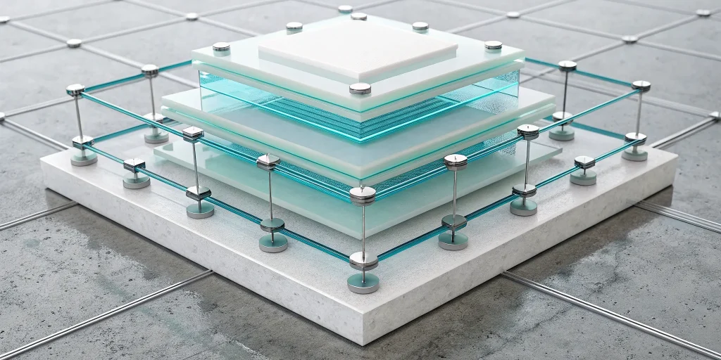 A layered glass structure showing the framework for operating model design.