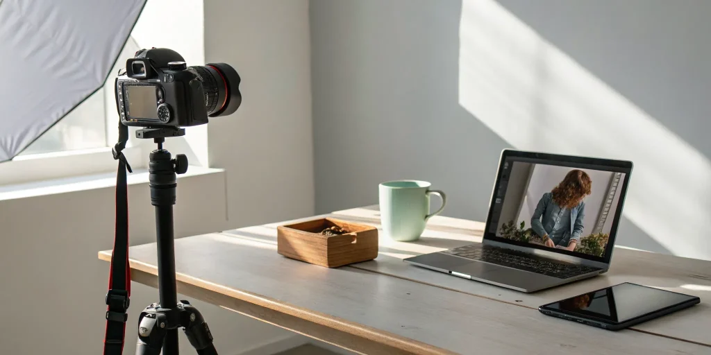 A small business video marketing setup with a camera and laptop.