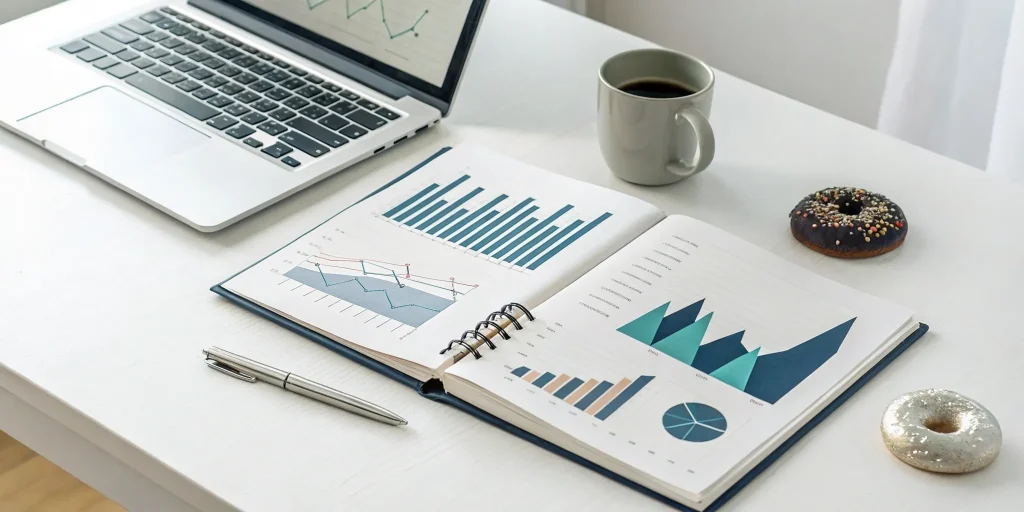 A business plan executive summary example with financial charts and a laptop on a desk.