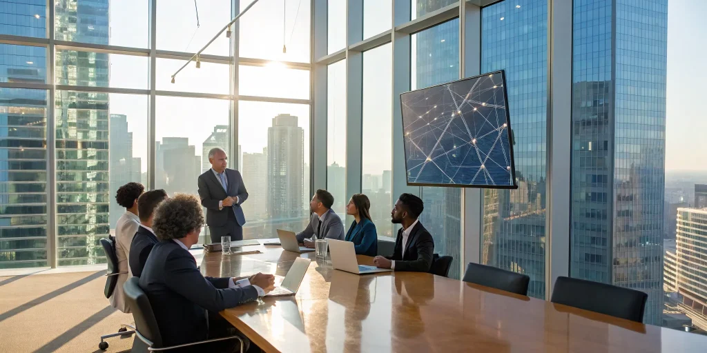 Corporate governance training for executives in a modern conference room.