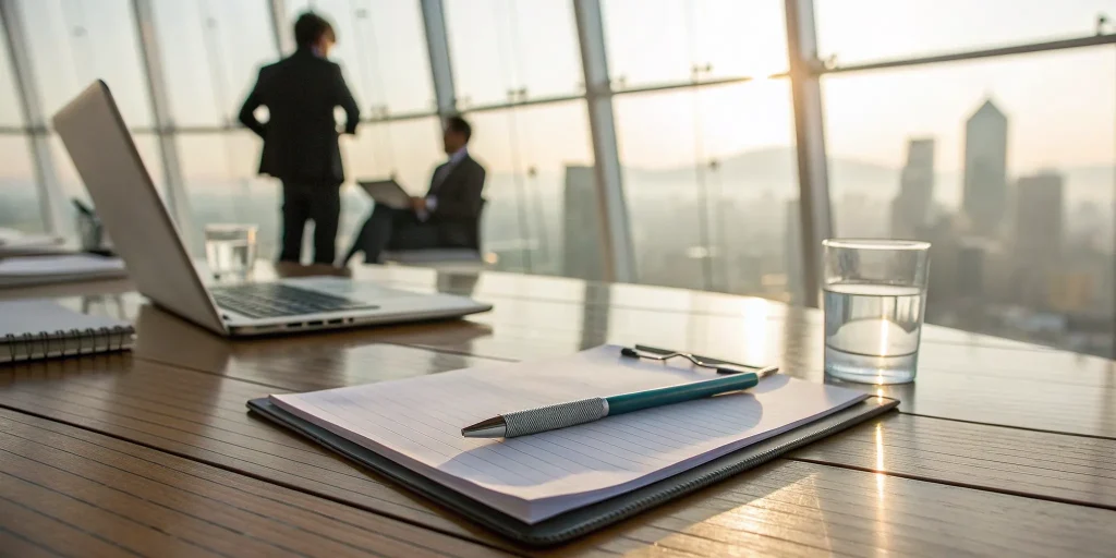 A board meeting agenda template on a desk, ready for a productive meeting.