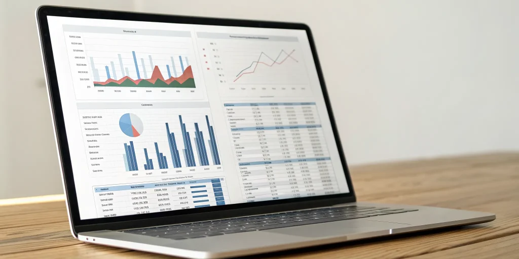 A laptop screen showing a cash flow forecast template with financial charts.