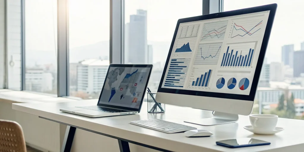 A computer displaying an SEO audit service report with performance charts and data analytics.