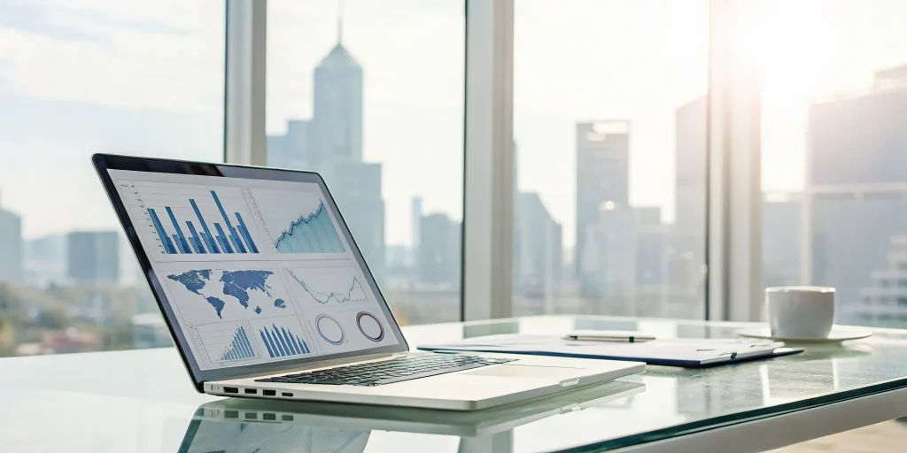 A laptop displaying a monthly SEO service report with performance charts and graphs.