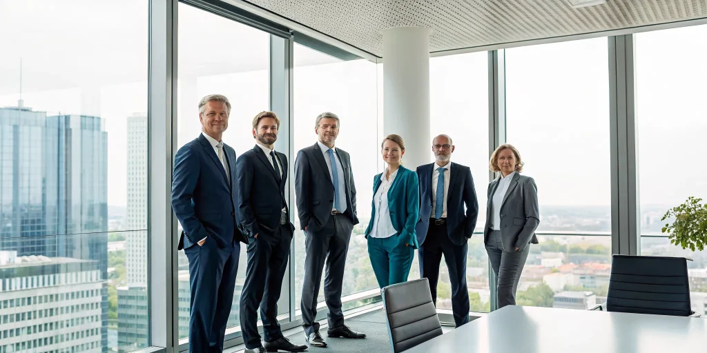 A professional team photo used for a compelling pitch deck slide.