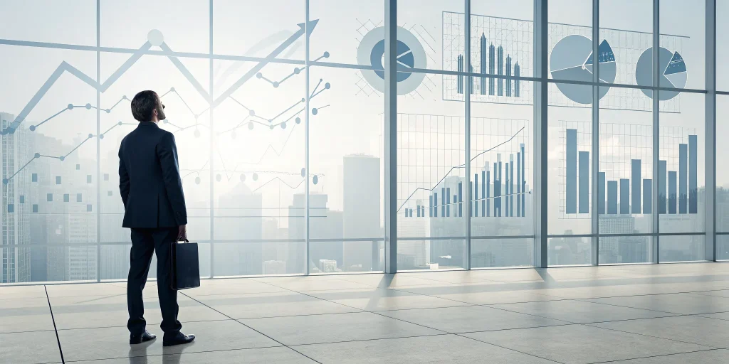 A businessman analyzing financial charts for pro forma financial statements and future projections.