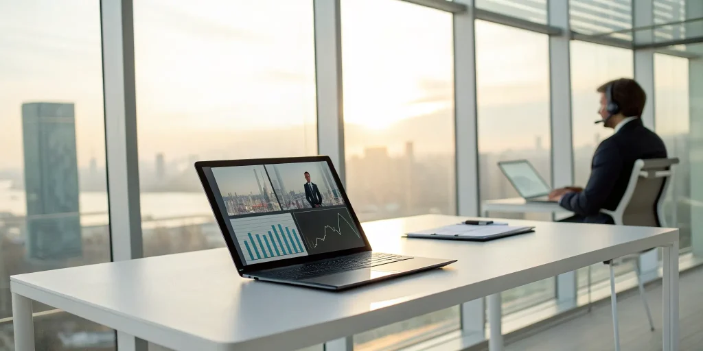 A business professional using virtual CFO services on a laptop to analyze financial charts.