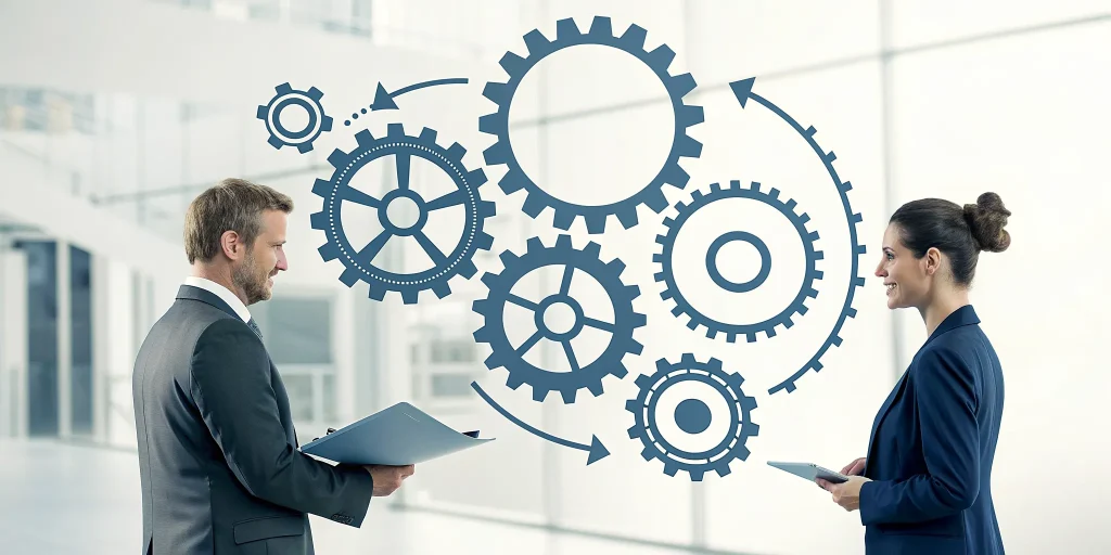 Business professionals discussing strategy with the interconnected gears of a target operating model.