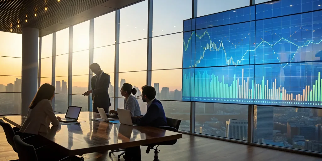 FP&A team analyzing performance charts and financial data for strategic planning.