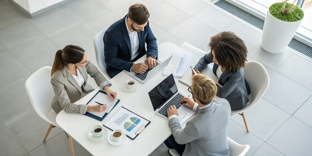 A process improvement consultant guides a team through workflow charts during a meeting.