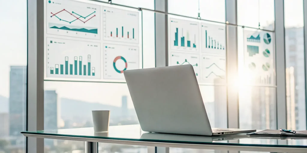 A laptop displaying a 13-week cash flow forecast with financial charts and data.