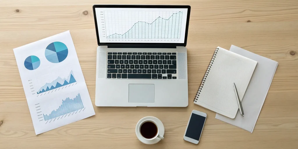 A financial forecast template for startups on a laptop with charts and graphs.
