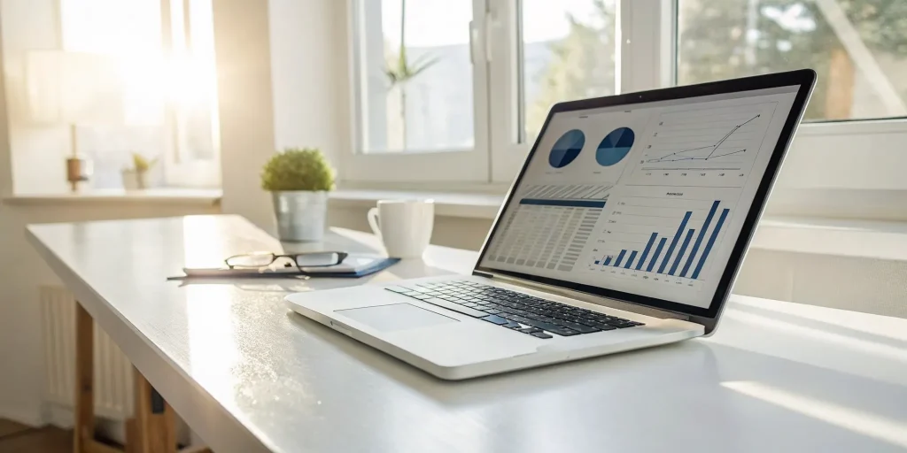 Small business budget template with financial charts and graphs on a laptop.