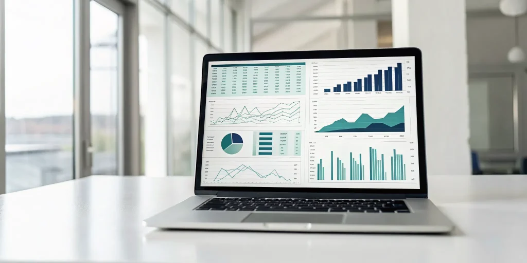 A financial forecast template on a laptop showing charts for revenue, expenses, and cash flow.