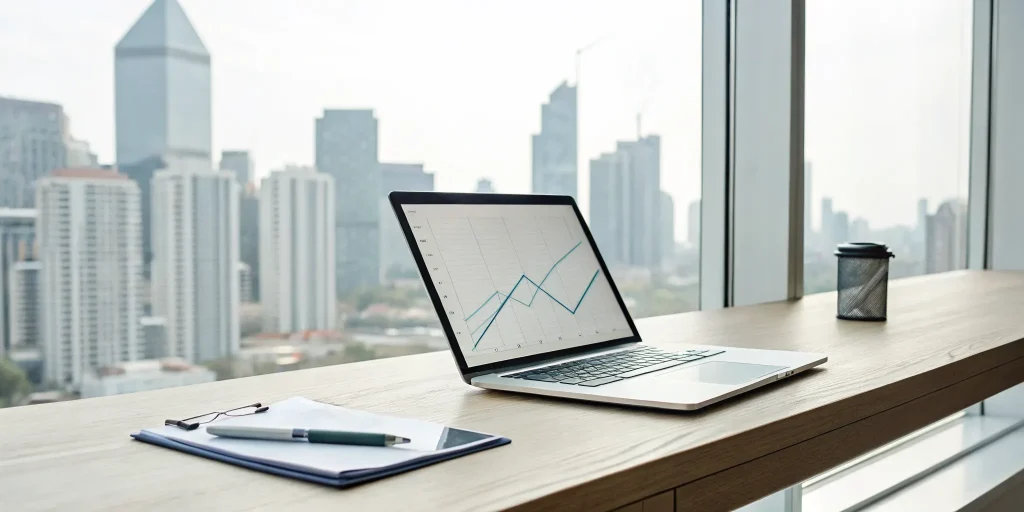 A laptop on a desk displaying a break even analysis template with financial charts.