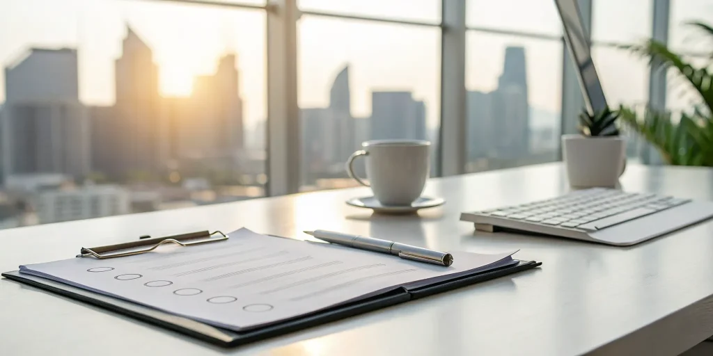 An interview scorecard template on a desk with a pen and laptop.